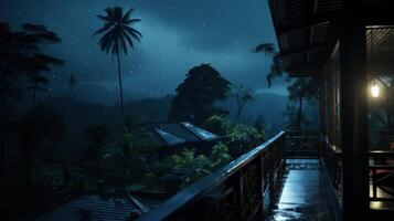 Night view from a balcony overlooking lush tropical trees, starry sky, and a lit room. photo