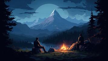 Two people sit by a campfire in the wilderness, under the glow of a full moon, in the shadow of a large mountain. photo