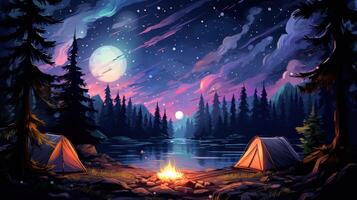 Two tents sit by a campfire with a lake in the background and a starry, moonlit night sky above. photo