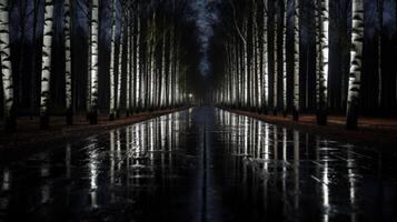 Wet asphalt road lined with birch trees, reflecting the lights in the night. photo