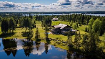 Modern house with pool on a green meadow next to a lake with reflection of clouds on water. photo