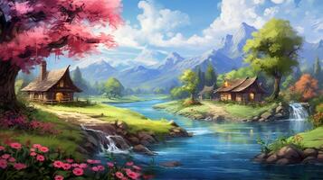 Two quaint cottages nestled in a picturesque valley, with a winding river and cascading waterfall. photo