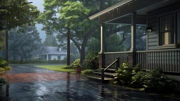 Wet Sidewalk with a House in the Background. photo