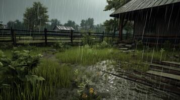 Rain falling on a wooden cabin with a wooden fence, green grass, a path, and trees. photo