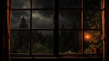 Rain falling on a window at night, with a view of a dark forest and a light in the distance. photo