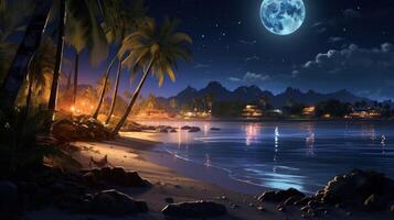 Palm trees line a sandy beach under a bright moon with a mountainous backdrop. photo