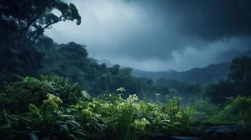 Lush greenery in a rainforest during a heavy downpour with a dark cloudy sky. photo