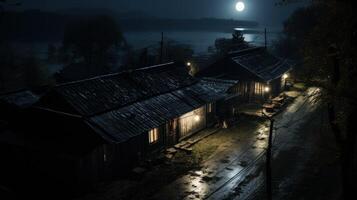 Two wooden houses with light on at night, on a wet road next to a lake under a full moon. photo
