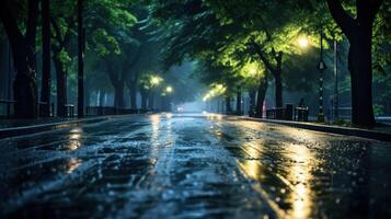 Wet asphalt road in a park at night with street lights and trees on both sides. photo