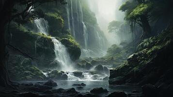 Tranquil waterfall cascades down mossy cliffs into a serene pool, sunlight filtering through the lush canopy above. photo