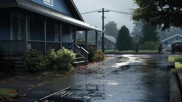 Wet street in front of a house in the rain with a few leaves on the ground. photo