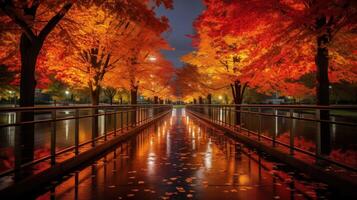 Wet pavement reflecting the light from trees with red, orange, and yellow fall foliage in a cityscape. photo