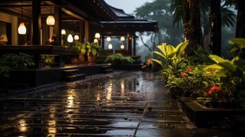 Wet stone path with a reflection of light from the building. photo