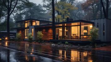 Modern house with large windows lit up at night, reflecting in a wet driveway after a rain shower in a forest setting. photo