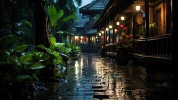 Rain falls on a cobblestone path in front of a building with lights. photo