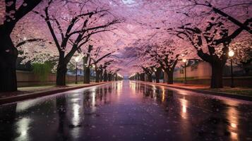 Wet street lined with cherry blossom trees at dusk. photo