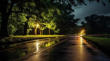 Wet asphalt road at night with reflections of streetlights and trees. photo