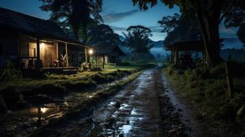 Two rustic huts with lit windows and a muddy path through the jungle at dusk. photo