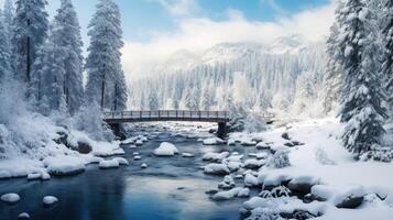 Wooden bridge over a flowing river with snow-covered trees and rocks on a sunny winter day. photo