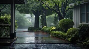 View of a wet driveway and a lush garden on a rainy day, seen through the doorway of a covered porch. photo