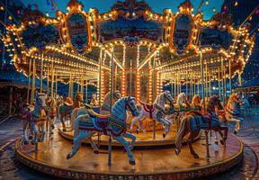 A vibrant carousel with ornate horses and bright lights photo