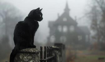 A black cat sitting on a fence with a creepy old mansion in the background, and space above for text photo