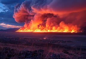 A view of a distant wildfire with towering flames and a plume of smoke rising into the sky photo