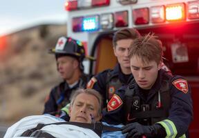 A group of paramedics transporting a patient in an ambulance photo