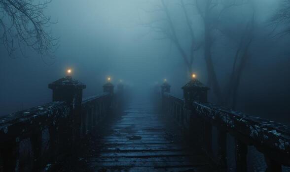 A foggy bridge leading into a dark forest with distant glowing eyes, leaving space at the bottom for text photo