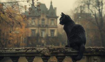 A black cat sitting on a fence with a creepy old mansion in the background, and space above for text photo
