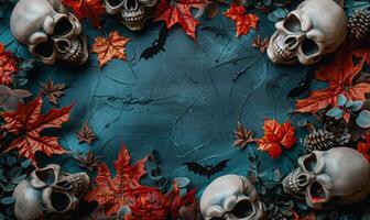 A flat lay background with Halloween decorations like skulls, bats, and autumn leaves framing an empty area photo