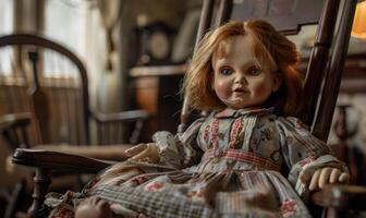 A creepy doll sitting on a rocking chair in a dimly lit room, leaving space on the right for copy, photo