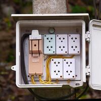 Electrical Power Distribution Box with Multiple Outlets and Cables on White Background Isolated photo