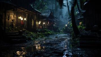 A Rainy Night in a Mysterious Jungle Village.  The path winds through the village, with rustic houses lit by lanterns, and rain falling from the dark sky. photo
