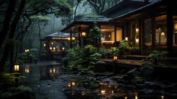 A Traditional Japanese House in a Tranquil Forest with a Stream Flowing Through the Landscape at Night. photo