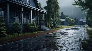 A Rainy Day on a Cobblestone Street in Front of a House. photo