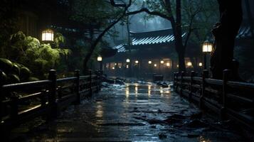 A Wet Pathway Through a Dark Forest With a Row of Lanterns Leading to a Japanese Style House. photo