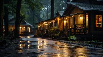A Wet Pathway Through a Cozy Cabin Village at Night. photo