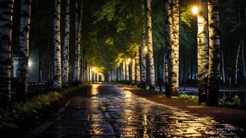 A Wet Pathway Under A Canopy Of Birch Trees. photo