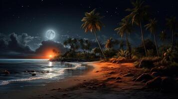 A beautiful moonlit night on a tropical island with a full moon and a starry sky. photo