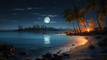 A beautiful night scene of a tropical beach with palm trees, a full moon, and a small hut in the distance. photo