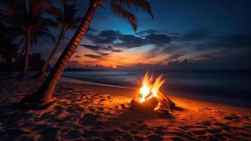 A bonfire burns on a sandy beach at dusk with palm trees in the foreground and an ocean in the background. photo