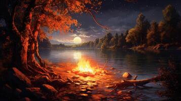 A bonfire burns brightly on the shore of a lake under a full moon and a starry night sky. The flames cast a warm glow on the surrounding trees and rocks. photo