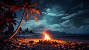 A bonfire on a beach at night with palm trees and a starry sky. photo