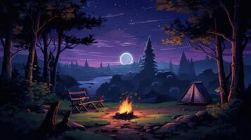 A bonfire in the woods at night with a moon and stars in the sky, a tent, and a bench. photo