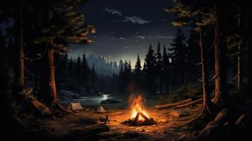 A bright campfire burns in the middle of a forest clearing at night, casting a warm glow on two tents and the surrounding trees. photo