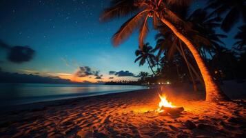 A bonfire on a beach at night with palm trees and a starry sky. photo