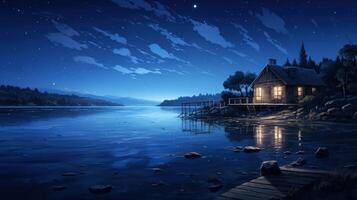 A cabin by the lake at night with a starry sky. photo