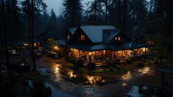 A cabin nestled in the woods with a porch lit up at night, illuminated by a warm light. The ground is wet from the rain. photo