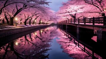 A bridge over a canal lined with cherry blossoms reflects in the water at dusk. photo